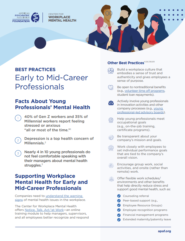 Best Practices: Early to Mid-Career Professionals Cover with the American Psychiatric Association Foundation Center for Workplace Mental Health logo